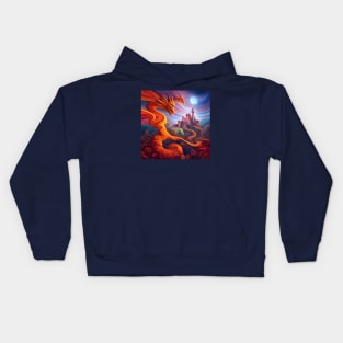 A psychedelic painting of dragons and castles. Kids Hoodie